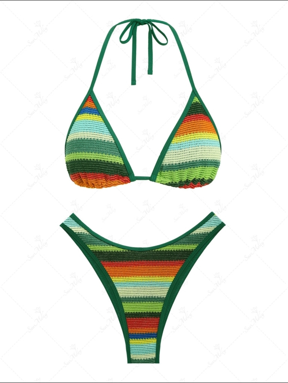 Seamolly Green Multicolor Stripe Crochet Bikini - Women Swim S 00021